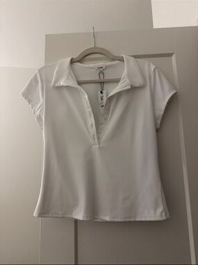 Garage White Short Sleeve Polo V-Neck Top